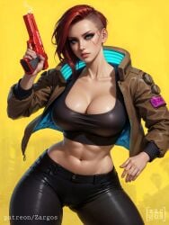 1girls abs absurdres ai_generated ass big_breasts breasts brown_eyes cd_projekt_red cybernetics cyberpunk_2077 female female_only highres realistic red_hair shaved_side solo thick_thighs thighs v_(cyberpunk_2077) valerie_(cyberpunk_2077) zargos