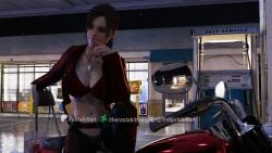 3d brown_hair busty capcom claire_redfield claire_redfield_(jordan_mcewen) female female_focus female_only gas_station hourglass_figure long_hair motorcycle outdoors outside pinup pinup_pose ponytail resident_evil resident_evil_2 resident_evil_2_remake skimpy skimpy_clothes tagme therastakitten wet wet_body wet_skin wide_hips
