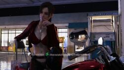 3d assless_chaps brown_hair busty capcom chaps claire_redfield claire_redfield_(jordan_mcewen) female female_focus female_only gas_station hourglass_figure long_hair motorcycle outdoors outside pinup pinup_pose ponytail resident_evil resident_evil_2 resident_evil_2_remake skimpy skimpy_clothes solo tagme therastakitten wet wet_body wet_skin wide_hips