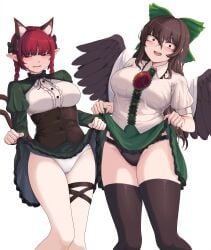 2d 2girls bird bird_girl bird_humanoid bird_wings blush braided_hair breasts brown_eyes brown_hair cat_ears cat_girl cat_humanoid cat_tail cat_tails catgirl clothed clothed_female disgusted duo excited exposed_panties feline female flashing_panties hair_ribbon hips long_hair looking_at_viewer nervous okuu open_mouth orin_(touhou) panties pointy_ears red_eyes red_hair rin_kaenbyou showing_panties shy skirt skirt_lift skirt_pull skirt_up smile son_(artist) source standing sweatdrop thick_thighs thighhighs thighs tied_hair touhou utsuho_reiuji white_background wide_hips wings