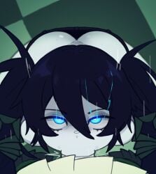 1futa 1girls ass black_hair black_rock_shooter black_rock_shooter_(character) blowjob blue_eyes bottomless clothed clothing dead_master docecaedrus fellatio female female_focus futa_on_female futanari glowing_eyes hair_grab high-angle_view humanoid long_hair looking_at_viewer looking_up mostly_clothed oral pale-skinned_female pale_skin pov pov_eye_contact sex standing sucking_penis twintails