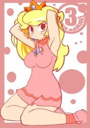 1girls 3_dev_adam adjusting_hair armpits arms_behind_head big_breasts blonde_hair busty female female_only kneeling large_breasts legs long_hair luigi64 mario_(series) mario_tennis mouth_hold nintendo princess princess_peach sensual sitting solo thighs