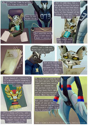 2018 4_fingers android anthro badger beverage black_eyes black_fur black_nose black_spots closed_eyes clothed clothing clouded_leopard collar comic detailed_background dialogue duo english_text erection feline female frown fur grey_fur grimart jonesy_hoovus_(grimart) machine male mammal metallic_body mustelid one_eye_closed open_mouth paper police police_uniform red_stripes robot sitting smile speech_bubble spots stripes teeth text text_box uniform white_fur white_stripes yellow_eyes yellow_fur