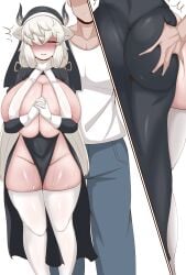 1boy 1girls ass ass_grab big_ass big_breasts big_thighs blush breasts busty female gigantic_breasts grabbing_ass hair_over_one_eye huge_ass huge_breasts huge_thighs kemono_friends large_ass large_breasts large_thighs male massive_breasts nun nun_outfit sangchussam thick_thighs thighs voluptuous yak_(kemono_friends)