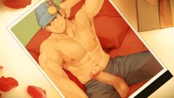 1boy 1male 2024 ahrstudio aroused balls bara black_eyes black_hair bonnet erect erect_penis erection fair_skin gyakuten_saiban human human_male looking_at_viewer male male_focus male_only male_solo muscle muscles muscular muscular_male naruhodou_ryuuichi open_fly pants_open penis penis_out photo precum seductive seductive_look selfie shirtless showing_penis sitting sitting_on_sofa solo_male turned_on warm_lighting
