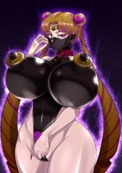 belt_collar bishoujo_senshi_sailor_moon black_leotard clothing corruption covered_nipples dark_persona enemy_conversion erect_nipples erect_nipples_under_clothes female huge_ass huge_breasts large_breasts latex nipple_sleeves ryuney sailor_moon smooth_skin streaked_hair thick_lips thick_thighs usagi_tsukino wide_hips