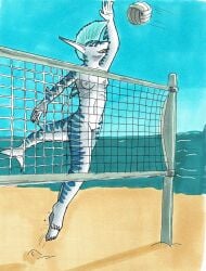 anthro ball beach breasts female fin fish game_(disambiguation) genitals hi_res jumping marine net nude nyghtmar3 pussy requiem_shark roxy_(nyghtmar3) sand sea shark small_breasts solo sport tiger_shark traditional_media_(artwork) volleyball water