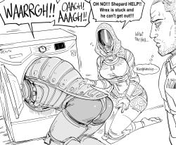 2boys absurdres alien armor ass bb_(baalbuddy) commander_shepard commander_shepard_(male) dial english_text faceless faceless_female female greyscale highres in_washing_machine krogan looking_at_another mass_effect_(series) monochrome multiple_boys quarian shouting speech_bubble stuck tali'zorah thought_bubble urdnot_wrex washing_machine