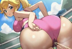 ai_generated ass ass_focus big_breasts big_butt blonde_hair blue_eyes dat_ass fat_ass gigantic_ass golden_shower gym_clothes gym_uniform huge_breasts huge_thighs in_search_of_holy_water light-skinned_female light_skin looking_back mario_(series) massive_breasts nintendo peeing pink_shorts ponytail princess_peach solo_female squatting super_mario_bros. thick_thighs thighs urinating urinating_female urination urine voluptuous voluptuous_female