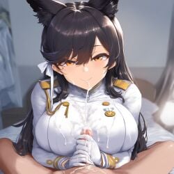 1boy 1girls ai_generated animal_ear_fluff animal_ears atago_(azur_lane) azur_lane bangs bed bedroom between_thighs big_breasts cum cum_on_chest cum_on_clothes cum_on_face gloved_handjob handjob jaygoats laying_on_bed looking_at_viewer mature_female milf smile two-handed_handjob