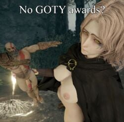 abs big_penis breasts breasts_out clothing crossover eastern_and_western_character elden_ring female female_focus fromsoftware god_of_war god_of_war_ragnarok kratos melina_(elden_ring) meme no_bitches?_(meme) penis selfie the_game_awards