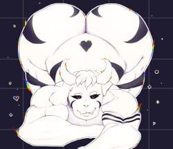 1boy 2d anthro asriel_dreemurr asriel_dreemurr_(god_form) bara barazoku big_muscles biting_lip black_eyes body_markings caprine furry gay hi_res horns huge_ass huge_thighs humanoid hyper_ass laying_on_stomach looking_at_viewer male male_only massive_ass muscular muscular_male seductive seductive_eyes seductive_look showing_off solo tagme thick_thighs undertale undertale_(series) white_fur white_hair wide_hips yiff