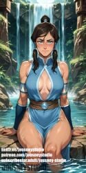 1girls ai_generated arm_support artist_name avatar_legends bare_shoulders black_hair blue_dress blue_eyes blush breasts breasts_apart brown_hair cleavage closed_mouth clothing clothing_cutout dark-skinned_female dark_skin day dress english_text female female_only hair_between_eyes hair_tubes jousneystudio korra large_breasts long_hair looking_at_viewer medium_breasts no_bra outdoors partially_submerged patreon_username pelvic_curtain plant ponytail rock sidelocks sitting sleeveless sleeveless_dress smile soaking_feet solo the_avatar the_legend_of_korra thighs tied_hair water water_tribe waterfall watermark web_address wet