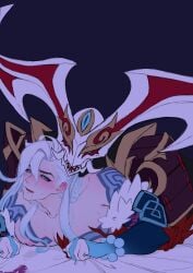 big_pecs blood_moon_rhaast blood_moon_series blush body_markings demon demon_horns gay kayn league_of_legends long_hair male male_focus male_only male_tits muscular muscular_male no_visible_genitalia pecs rhaast_(league_of_legends) snow_moon_kayn white_hair yaoi