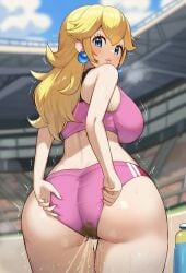 ai_generated ass ass_focus big_breasts big_butt blonde_hair blue_eyes gigantic_ass golden_shower gym_clothes gym_uniform huge_breasts huge_thighs in_search_of_holy_water light-skinned_female light_skin long_hair looking_back mario_(series) massive_breasts nintendo peeing pink_shorts princess_peach solo_female squatting super_mario_bros. thick_thighs thighs urinating urinating_female urination urine voluptuous voluptuous_female