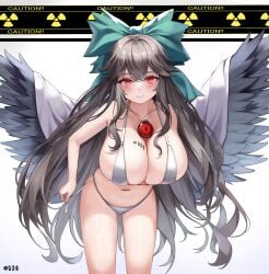 bare_arms bare_legs bare_shoulders bikini bird_wings black_hair black_wings blush bow breasts cleavage closed_mouth cowboy_shot crow_girl crow_wings dobostorte feathered_wings female green_bow hair_between_eyes hairbow highres huge_breasts jewelry large_breasts leaning_forward long_hair looking_at_viewer mature_female navel pendant radiation_symbol red_eyes reiuji_utsuho smile solo swimsuit touhou utsuho_reiuji white_bikini wings yokai youkai