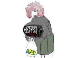 1female 1girls 2d 2d_(artwork) 2d_artwork big_breasts breasts clothed clothed_female clothes clothing eye_bags female female_focus female_only femcel holding_object hunched_over ikea looking_at_viewer pale-skinned_female pale_skin pink_eyes pink_hair skirt solo solo_female solo_focus swedish text yobaba