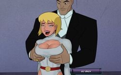 1boy 1girls ahe_gao bald big_breasts blonde_hair blue_eyes breast_grab breasts cleavage cleavage_cutout dc dc_comics dcau galatea groping justice_league_unlimited leotard lex_luthor lipstick open_mouth pleasure_face screencap something_unlimited suit sunsetriders7