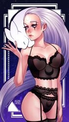 1girls black_lingerie blush blush blush_lines diana_(league_of_legends) eye_markings forehead_mark grey_hair league_of_legends light-skinned_female light_blush light_skin lingerie looking_to_the_side poposhirat purple_eyes solo tagme white_hair