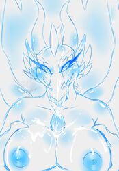 anthro anthro_dragon breast_grab cum cum_on_breasts dragon eye_contact horns large_areolae large_breasts large_penis outercourse paizuri pov sketch tentasuccubus tongue_out