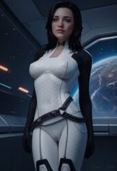 1girls ai_generated angel_light_(artist) artist_name belt bioware black_hair blue_eyes bodysuit cameltoe female female_only hexagonal_pattern indoors mass_effect_2 mass_effect_3 massive_breasts miranda_lawson solo source_removed source_request suit