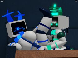 1boy 1girls 3d bowtie female goofylookin halo horns large_breasts male on_side on_sofa one_leg_raised roblox source_request table tear tv_head_robot vaginal_penetration