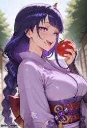 ai_generated bangs blush braid braided_ponytail breasts bridal_gauntlets female food food_on_face genshin_impact hair_ornament high_resolution highres holding holding_food japanese_clothes kimono large_breasts long_hair long_sleeves looking_at_viewer mole mole_under_eye nail_polish nimybotai obi obiage obijime open_mouth outdoors purple_eyes purple_hair purple_kimono purple_nails raiden_shogun sash smile solo stable_diffusion teeth tomato twitter_username upper_body