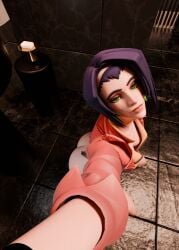 1girls 3d ashe_(overwatch) ass ass_focus blender brightburn3d cowboy_bebop faye_valentine_(cosplay) faye_valentine_ashe half_naked looking_at_viewer overwatch overwatch_2 phone_view semi_nude snapchat solo tagme