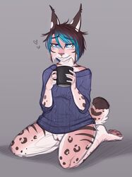 2018 anthro black_hair blue_eyes bottomless catnamedfish cheek_tuft clothed clothing feline female fish_(catnamedfish) fur hair lynx mammal pink_nose pussy slit_pupils solo striped_fur stripes tuft