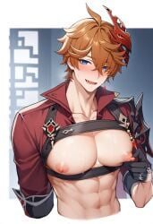 1boy 1male 1man abs ai_generated big_pecs blue_eyes childe_(genshin_impact) gay genshin_impact ginger ginger_hair harness harness_only large_pecs large_pectorals male male_focus male_nipples male_only man_boobs man_breasts man_tits nipple_play nipple_tweak nipples orange_hair pecs pectorals tagme tartaglia_(genshin_impact) yaoi