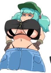 1girls big_breasts blue_eyes blue_hair breasts gloves low-angle_view nitori_kawashiro solo solo_female tank_top thong touhou twintails underboob white_background zedrin