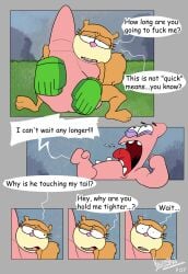 1girls 2boys anthro brown_fur businessman_(artist) comic dialogue female fluffy_tail furry gloves grass holding_each_other interspecies male male/female mammal nickelodeon nude_female nude_male open_mouth patrick_star rodent sandy_cheeks sitting spongebob_squarepants squirrel starfish straight tail text text_bubble tongue tree_squirrel