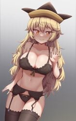 black_bra black_panties black_thighhighs blonde_hair blush bra breasts cachemerro cleavage closed_mouth collarbone commission cowboy_shot female garter_belt gradient_background hair_between_eyes highres large_breasts long_hair matara_okina mature_female milf navel okina_matara panties smile solo thighhighs touhou underwear yellow_eyes