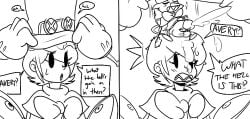 2_panel_comic anthro avery_(skullgirls) avian balls balls_on_head beak bird black_eyes black_text bodily_fluids bow_tie captain_kirb captainkirb carrying_another closed_eyes clothing cum cum_drip cum_from_penis cum_in_hair cum_on_face cumshot cybernetic_arm cybernetic_eye cybernetic_limb cybernetics cyborg dress dripping duo ejaculation exclamation_point eyelashes female female_human galliform genital_fluids genitals glans gloves hair hand_on_own_penis hand_on_penis handwear hat headgear headwear holding_own_penis holding_penis human humanoid_genitalia humanoid_penis larger_female larger_human looking_pleasured low_res machine male male/female male_anthro mammal masturbation metal_teeth moan monochrome on_head peacock_(skullgirls) peafowl penis phasianid question_mark sharp_teeth sitting_on_head size_difference skullgirls smaller_anthro smaller_male teeth text top_hat