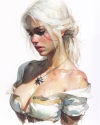 big_breasts breasts ciri clothing collar female light-skinned_female scar solo the_witcher_(series) the_witcher_3:_wild_hunt white_hair