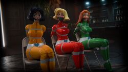 3d 3d_(artwork) 3girls alex_(totally_spies) arms_behind_back black_hair blonde_hair blue_eyes bodysuit brown_eyes captured captured_heroine chair clover_(totally_spies) dark-skinned_female dark_skin female female_only forced gagged ginger green_eyes hand_on_hip high_heels highres latex latex_bodysuit latex_clothing lia3d light-skinned_female light_skin long_hair looking_at_viewer nipple_bulge orange_hair restrained restrained_arms rope sam_(totally_spies) serpentorder shiny_clothes short_hair sitting taped_mouth tied_up totally_spies zipper