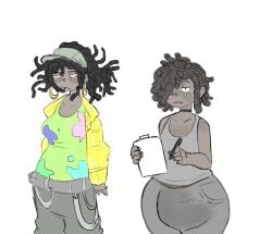 1boy 1boy1girl 1female 1girl1boy 1girls 1male 2d 2d_(artwork) 2d_artwork big_bulge breasts breasts bulge clipboard clothed clothed_female clothed_male clothes clothing dark-skinned_female dark-skinned_male dark_skin dreadlocks ear_piercing ear_ring earrings freckles freckles_on_chest freckles_on_face hat nose_piercing small_breasts small_tits stoned yobaba