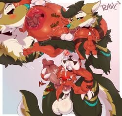 anal animal_genitalia animal_penis anthro ass balls bandai_namco big_balls big_butt big_penis blush bodily_fluids canid canine canine_genitalia canine_penis cum cum_in_mouth cum_in_own_mouth cum_in_self cum_inside cumshot deep_rimming digimon digimon_(species) duo ejaculation erection genital_fluids genitals glans guilmon handjob hi_res huge_cock humanoid_genitalia humanoid_penis knot male male/male mammal nude oral penile penis precum prostate prostate_stimulation ravieel reach_around red_body red_scales rimming rusty_trombone scales scalie sex sweat