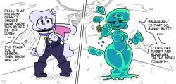 anthro ass big_butt blue_eyes blush breasts bulge duo female femboy goo_creature heart_symbol hi_res hybrid lagomorph laugh male male/female mammal sketchy slime speech_bubble suta-star taunting thick_thighs thighs_together wide_hips