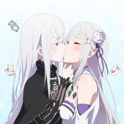 2girls ai_generated aivime echidna_(re:zero) elf elf_female emilia_(re:zero) kissing lesbian_couple lesbian_kiss long_hair purple_eyes re:zero_kara_hajimeru_isekai_seikatsu white_hair yellow_eyes yuri