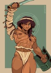 1girls areola armpit_hair armpits big_areola big_nipples breasts brown_skin clitoria_heracleia dark-skinned_female dark_skin female female_only gladiator gobifrip green_eyes muscular muscular_female nipples perky_breasts pubic_hair purple_hair scar small_breasts solo_female thighs