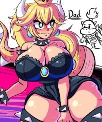 big_breasts blonde_hair blue_eyes blush bowser_jr. bowsette breasts breasts_bigger_than_head choker indievamp mario_(series) mommy nintendo princess spiked_collar thick_thighs thighs