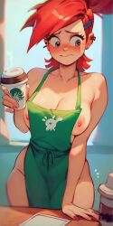 1girls ai_generated apron apron_only breasts breasts_out ear_piercing embarrassed embarrassed_nude_female foster's_home_for_imaginary_friends frankie_foster nipples red_hair solo starbucks