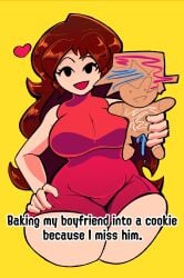 bananawithas big_breasts breasts brown_hair cookie female friday_night_funkin gingerbread_cookie girlfriend_(friday_night_funkin) red_dress skin_tight_dress stare thick_thighs thighs waist wide_hips