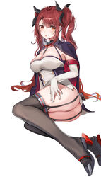 ass azur_lane bangs black_legwear black_ribbon blush breasts chains choker cleavage closed_mouth collarbone dress elbow_gloves eyebrows_visible_through_hair female garter_straps gloves hair_ribbon highres honolulu_(azur_lane) jacket jacket_on_shoulders large_breasts long_hair looking_at_viewer open_mouth pussy reclining red_eyes red_hair ribbon rudder_shoes seikanhiko short_dress simple_background solo thighhighs twintails white_background white_gloves