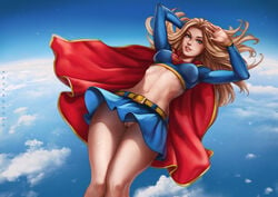 1girls absurdres armpits arms_up artist_name bare_legs belt blonde_hair blue_eyes blue_skirt bottomless_skirt breasts cape clouds crop_top curvy dandon_fuga day dc dc_comics erect_nipples exhibitionism exposed exposed_pussy eyeliner eyeshadow female female_only floating_hair flying groin highres innie_pussy large_breasts legs legs_together long_hair looking_at_viewer makeup midair midriff miniskirt muscular_female navel nipple_bulge nipples no_panties outdoors parted_lips pussy pussy_juice pussy_juice_drip red_cape skirt skirt_lift sky smile solo stomach supergirl superhero superman_(series) tank_top teeth thighs uncensored upskirt wet wind wind_lift