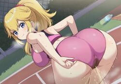 ai_generated ass ass_focus big_breasts big_butt blonde_hair blue_eyes dat_ass fat_ass gigantic_ass golden_shower gym_clothes gym_uniform huge_breasts huge_thighs in_search_of_holy_water light-skinned_female light_skin looking_back mario_(series) massive_breasts nintendo peeing pink_shorts ponytail princess_peach solo_female squatting super_mario_bros. thick_thighs thighs urinating urinating_female urination urine voluptuous voluptuous_female