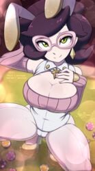 1girls 2018 aether_foundation big_breasts big_hair bodysuit breasts bunny_ears bunny_girl bunny_suit bunnysuit cameltoe chubby cleavage earrings female female_only glasses green_eyes high_heels huge_breasts human large_breasts looking_at_viewer merunyaa nintendo pokemon pokemon_sm purple_hair short_hair solo spread_legs squatting sweater text watermark wicke_(pokemon)