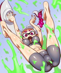 1girl1futa 1girls ass digital_drawing_(artwork) digital_media_(artwork) falling gradient_background green_ink inkling inkling_girl landing nipples_visible_through_clothing open_mouth pink_eyes pink_hair questionable splatoon splatoon_3 sports_bra sports_shorts sportswear tsuwitchii84 vagina_visible_through_clothing