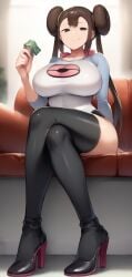 1girls breasts bun female female_only food heels holding legs legwear pokemon raglan rosa shoes sitting sleeves smile solo thick thighhighs thighs twintails